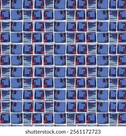 Seamless abstract grid design with bold blue and red tones. This contemporary pattern adds a modern and artistic vibe, perfect for textiles, wallpapers, backgrounds, and other creative projects.