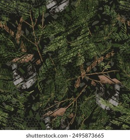 Seamless abstract grunge camouflage pattern with forest nature objects. Dry sticks, spruce branches, mushrooms. Wild nature. For apparel, fabric, textile, sport goods.