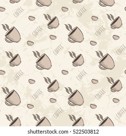 Seamless Abstract Grunge Pattern With Cup Of Coffee And Coffee Beans