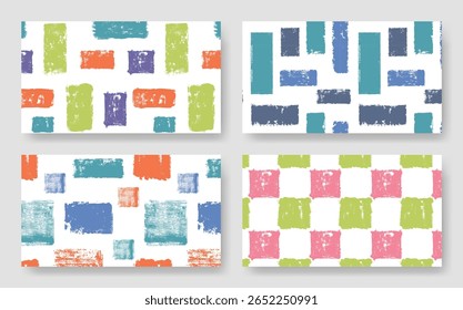Padrões de grunge abstratos e perfeitos. Checkerboard estampado fundos com texturas de traços de tinta angustiada, pintados à mão azulejos layout geométrico. Ritmo de grade verificado motivo, abstrato conjunto de vetor de mosaico.