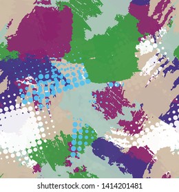 Seamless abstract grunge texture. Repetitive pattern for printing on fabric, wrapping paper. Chaotic background of spots green, purple, blue, white, brown