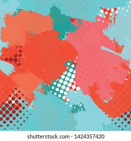 Seamless abstract grunge texture. Repetitive pattern for printing on fabric, wrapping paper. Chaotic background of spots turquoise, red, orange