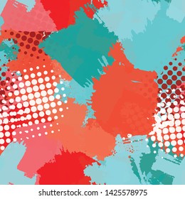 Seamless abstract grunge texture. Repetitive pattern for printing on fabric, wrapping paper. Chaotic background of spots turquoise, red, orange