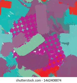 Seamless abstract grunge texture. Repetitive pattern for printing on fabric, wrapping paper. Chaotic background of spots red, turquoise, lilac