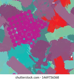 Seamless abstract grunge texture. Repetitive pattern for printing on fabric, wrapping paper. Chaotic background of spots red, turquoise, lilac