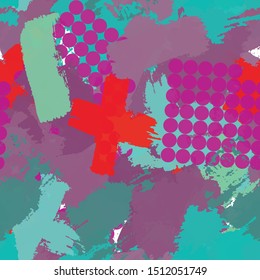 Seamless abstract grunge texture. Repetitive pattern for printing on fabric, wrapping paper. Chaotic background of spots red, turquoise, lilac