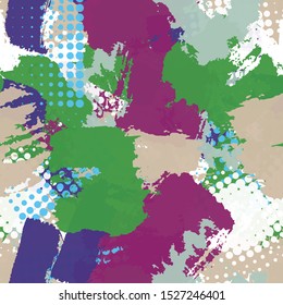 Seamless abstract grunge texture. Repetitive pattern for printing on fabric, wrapping paper. Chaotic background of spots green, purple, blue, white, brown