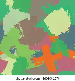 Seamless abstract grunge texture. Repetitive pattern for printing on fabric, wrapping paper. Chaotic background of spots green, orange, grey
