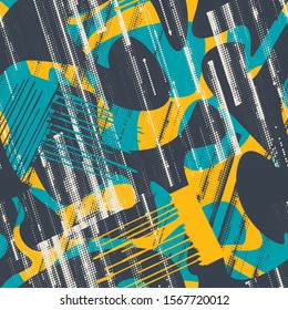 Seamless abstract grunge urban pattern with curved elements.