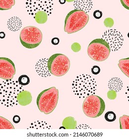 Seamless abstract guava pattern. Vector watercolor exotic fruit background.