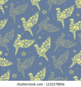 seamless abstract hand drawn bird from line with polka dot pattern background