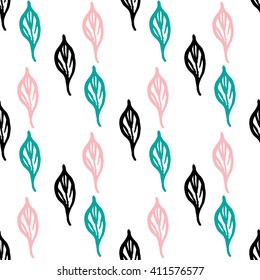 Seamless abstract hand drawn brushstroke leaves pattern texture Summer modern chevron print in vector .Hand drawn hipster stylish decorative wallpaper