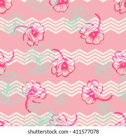 Seamless abstract hand drawn brushstroke flowers pattern texture . Summer modern chevron print in vector .Hand drawn hipster stylish decorative wallpaper