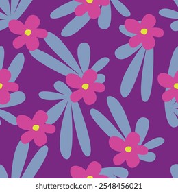 Seamless abstract hand drawn floral pattern design, with pink daisy and leaves on purple bg. Trendy seamless floral pattern. Spring surface.Useful for fabric, paper, card, flyers, brochure, wrapping