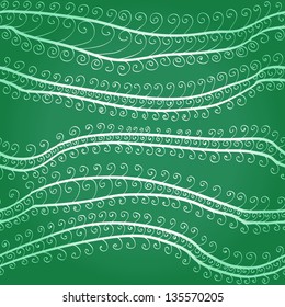 Seamless abstract hand drawn green background with white spiral elements. Eps10