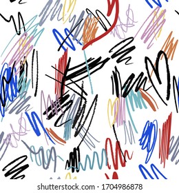 Patrón abstracto sin inconvenientes dibujado a mano con pinceles coloridos sobre fondo blanco. Huella de moda Hipster. Ilustración vectorial.