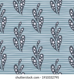 Seamless abstract hand drawn pattern with grey oriantal cucumber paisley print. Blue striped background. Great for fabric design, textile print, wrapping, cover. Vector illustration.