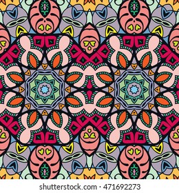 Seamless abstract hand drawn pattern. Decorative stylized floral seamless background. Tribal ethnic ornate decoration. Arabic, indian, turkish ornament. Geometric doodle colorful seamless texture