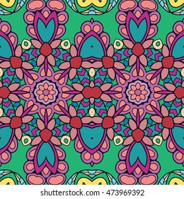 Seamless abstract hand drawn pattern. Decorative stylized floral seamless background. Tribal ethnic ornate decoration. Arabic, indian, turkish ornament. Geometric doodle colorful seamless texture