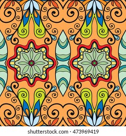 Seamless abstract hand drawn pattern. Decorative stylized floral seamless background. Tribal ethnic ornate decoration. Arabic, indian, turkish ornament. Geometric doodle colorful seamless texture