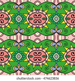 Seamless abstract hand drawn pattern. Decorative stylized floral seamless background. Tribal ethnic ornate decoration. Arabic, indian, turkish ornament. Geometric doodle colorful seamless texture