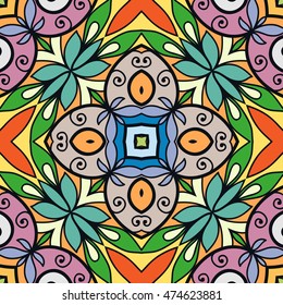 Seamless abstract hand drawn pattern. Decorative stylized floral seamless background. Tribal ethnic ornate decoration. Arabic, indian, turkish ornament. Geometric doodle colorful seamless texture