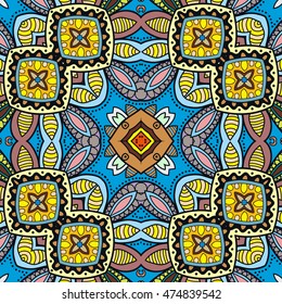 Seamless abstract hand drawn pattern. Decorative stylized floral seamless background. Tribal ethnic ornate decoration. Arabic, indian, turkish ornament. Geometric doodle colorful seamless texture
