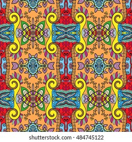 Seamless abstract hand drawn pattern. Decorative stylized floral seamless background. Tribal ethnic ornate decoration. Arabic, indian, turkish ornament. Geometric doodle colorful seamless texture