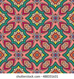 Seamless abstract hand drawn pattern. Decorative stylized floral seamless background. Tribal ethnic ornate decoration. Arabic, indian, turkish ornament. Geometric doodle colorful seamless texture