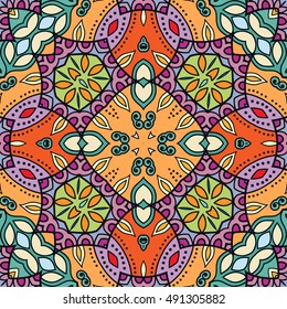 Seamless abstract hand drawn pattern. Decorative stylized floral seamless background. Tribal ethnic ornate decoration. Arabic, indian, turkish ornament. Geometric doodle colorful seamless texture