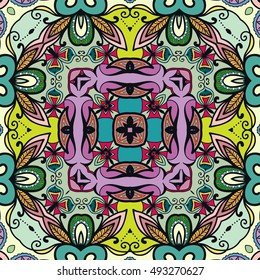 Seamless abstract hand drawn pattern. Decorative stylized floral seamless background. Tribal ethnic ornate decoration. Arabic, indian, turkish ornament. Geometric doodle colorful seamless texture