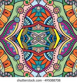 Seamless abstract hand drawn pattern. Decorative stylized floral seamless background. Tribal ethnic ornate decoration. Arabic, indian, turkish ornament. Geometric doodle colorful seamless texture