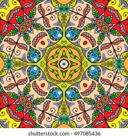 Seamless abstract hand drawn pattern. Decorative stylized floral seamless background. Tribal ethnic ornate decoration. Arabic, indian, turkish ornament. Geometric doodle colorful seamless texture