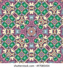 Seamless abstract hand drawn pattern. Decorative stylized floral seamless background. Tribal ethnic ornate decoration. Arabic, indian, turkish ornament. Geometric doodle colorful seamless texture