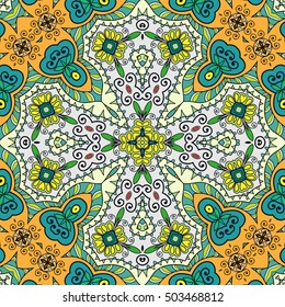 Seamless abstract hand drawn pattern. Decorative stylized floral seamless background. Tribal ethnic ornate decoration. Arabic, indian, turkish ornament. Geometric doodle colorful seamless texture