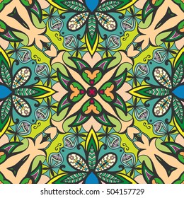 Seamless abstract hand drawn pattern. Decorative stylized floral seamless background. Tribal ethnic ornate decoration. Arabic, indian, turkish ornament. Geometric doodle colorful seamless texture