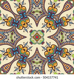 Seamless abstract hand drawn pattern. Decorative stylized floral seamless background. Tribal ethnic ornate decoration. Arabic, indian, turkish ornament. Geometric doodle colorful seamless texture