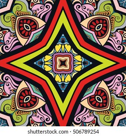 Seamless abstract hand drawn pattern. Decorative stylized floral seamless background. Tribal ethnic ornate decoration. Arabic, indian, turkish ornament. Geometric doodle colorful seamless texture