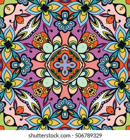 Seamless abstract hand drawn pattern. Decorative stylized floral seamless background. Tribal ethnic ornate decoration. Arabic, indian, turkish ornament. Geometric doodle colorful seamless texture