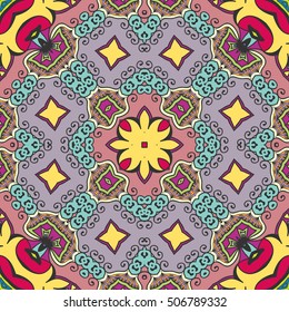 Seamless abstract hand drawn pattern. Decorative stylized floral seamless background. Tribal ethnic ornate decoration. Arabic, indian, turkish ornament. Geometric doodle colorful seamless texture