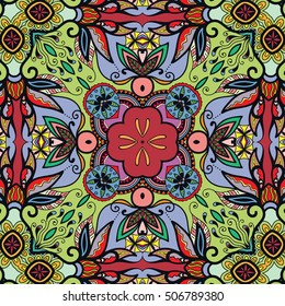 Seamless abstract hand drawn pattern. Decorative stylized floral seamless background. Tribal ethnic ornate decoration. Arabic, indian, turkish ornament. Geometric doodle colorful seamless texture