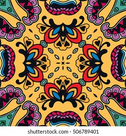 Seamless abstract hand drawn pattern. Decorative stylized floral seamless background. Tribal ethnic ornate decoration. Arabic, indian, turkish ornament. Geometric doodle colorful seamless texture