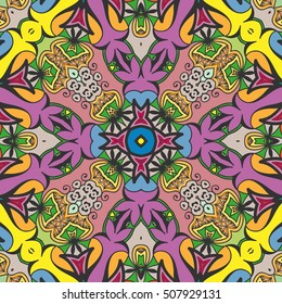 Seamless abstract hand drawn pattern. Decorative stylized floral seamless background. Tribal ethnic ornate decoration. Arabic, indian, turkish ornament. Geometric doodle colorful seamless texture