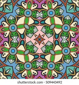Seamless abstract hand drawn pattern. Decorative stylized floral seamless background. Tribal ethnic ornate decoration. Arabic, indian, turkish ornament. Geometric doodle colorful seamless texture