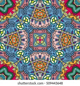 Seamless abstract hand drawn pattern. Decorative stylized floral seamless background. Tribal ethnic ornate decoration. Arabic, indian, turkish ornament. Geometric doodle colorful seamless texture