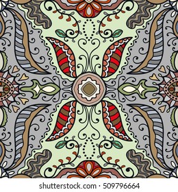 Seamless abstract hand drawn pattern. Decorative stylized floral seamless background. Tribal ethnic ornate decoration. Arabic, indian, turkish ornament. Geometric doodle colorful seamless texture