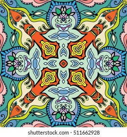 Seamless abstract hand drawn pattern. Decorative stylized floral seamless background. Tribal ethnic ornate decoration. Arabic, indian, turkish ornament. Geometric doodle colorful seamless texture