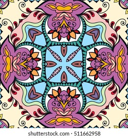 Seamless abstract hand drawn pattern. Decorative stylized floral seamless background. Tribal ethnic ornate decoration. Arabic, indian, turkish ornament. Geometric doodle colorful seamless texture