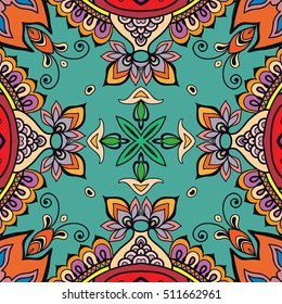 Seamless abstract hand drawn pattern. Decorative stylized floral seamless background. Tribal ethnic ornate decoration. Arabic, indian, turkish ornament. Geometric doodle colorful seamless texture