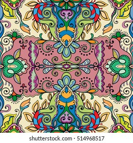 Seamless abstract hand drawn pattern. Decorative stylized floral seamless background. Tribal ethnic ornate decoration. Arabic, indian, turkish ornament. Geometric doodle colorful seamless texture